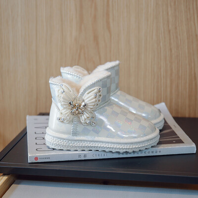 Момичета PU Сладки ботуши за сняг Розова каре с лък Красива принцеса Универсални къси ботуши Зима Нова 2022 Ежедневна детска мода