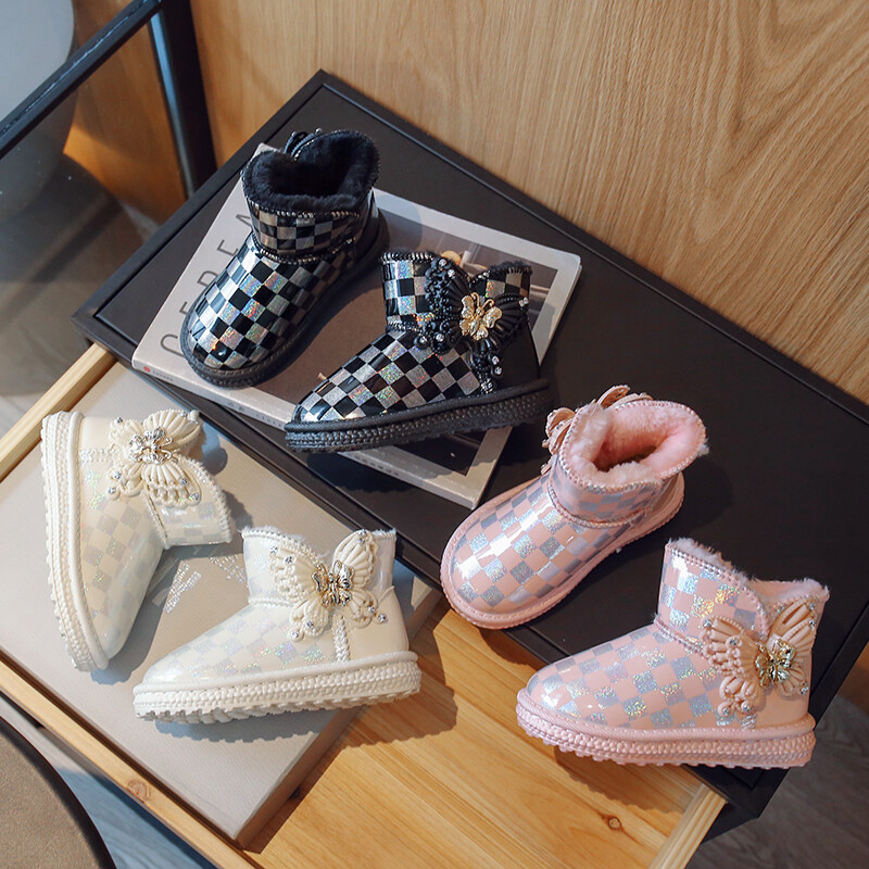 Момичета PU Сладки ботуши за сняг Розова каре с лък Красива принцеса Универсални къси ботуши Зима Нова 2022 Ежедневна детска мода