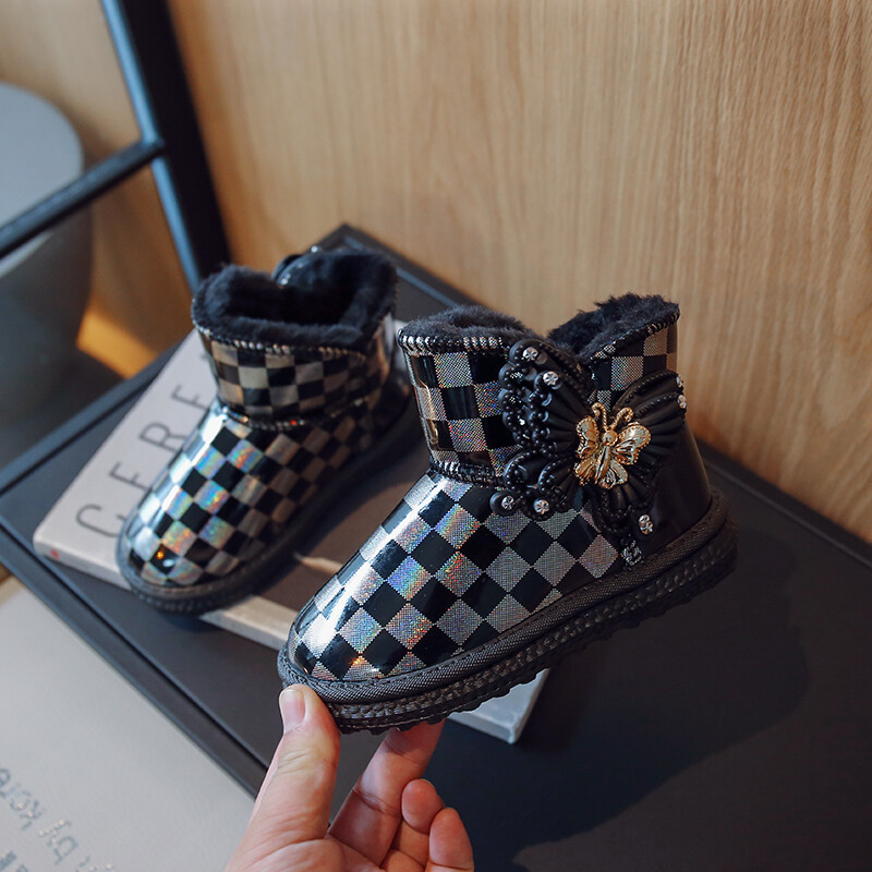 Момичета PU Сладки ботуши за сняг Розова каре с лък Красива принцеса Универсални къси ботуши Зима Нова 2022 Ежедневна детска мода