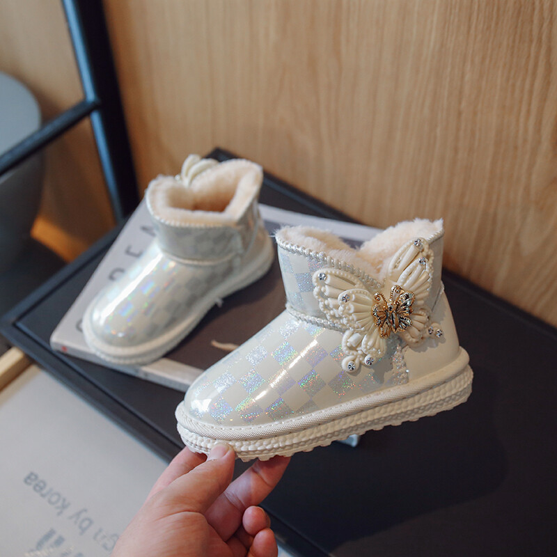Момичета PU Сладки ботуши за сняг Розова каре с лък Красива принцеса Универсални къси ботуши Зима Нова 2022 Ежедневна детска мода