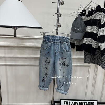 2024. aasta kevad, uued lapsed poistele Stretch püksid Korea grafiti Noorte beebipoiste teksad püksid vabaaja elastse vöökohaga väikelaste poiste püksid