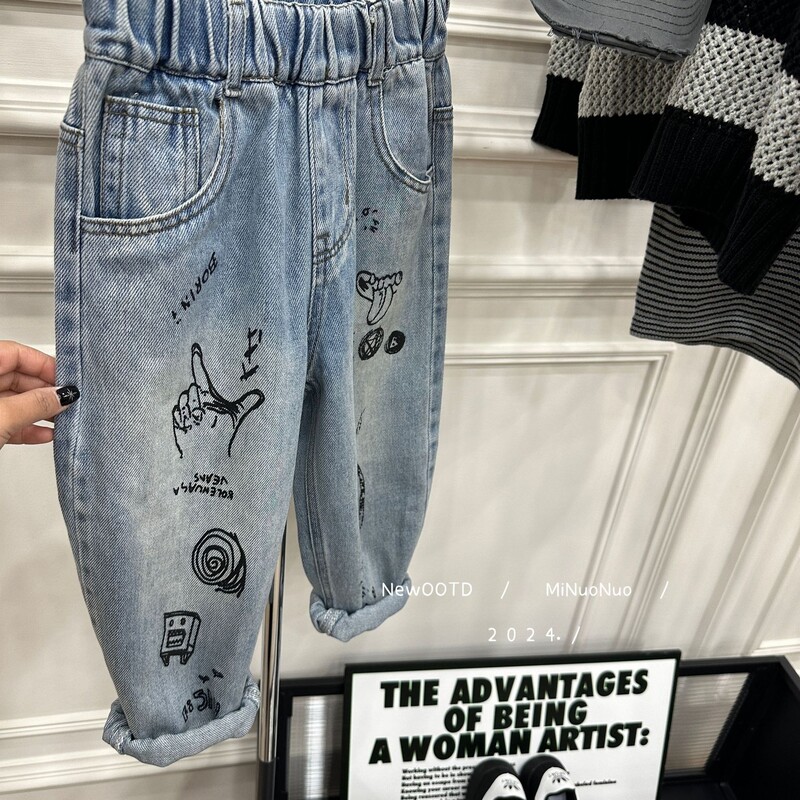 2024. aasta kevad, uued lapsed poistele Stretch püksid Korea grafiti Noorte beebipoiste teksad püksid vabaaja elastse vöökohaga väikelaste poiste püksid