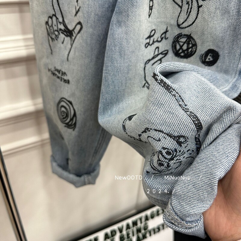 2024. aasta kevad, uued lapsed poistele Stretch püksid Korea grafiti Noorte beebipoiste teksad püksid vabaaja elastse vöökohaga väikelaste poiste püksid