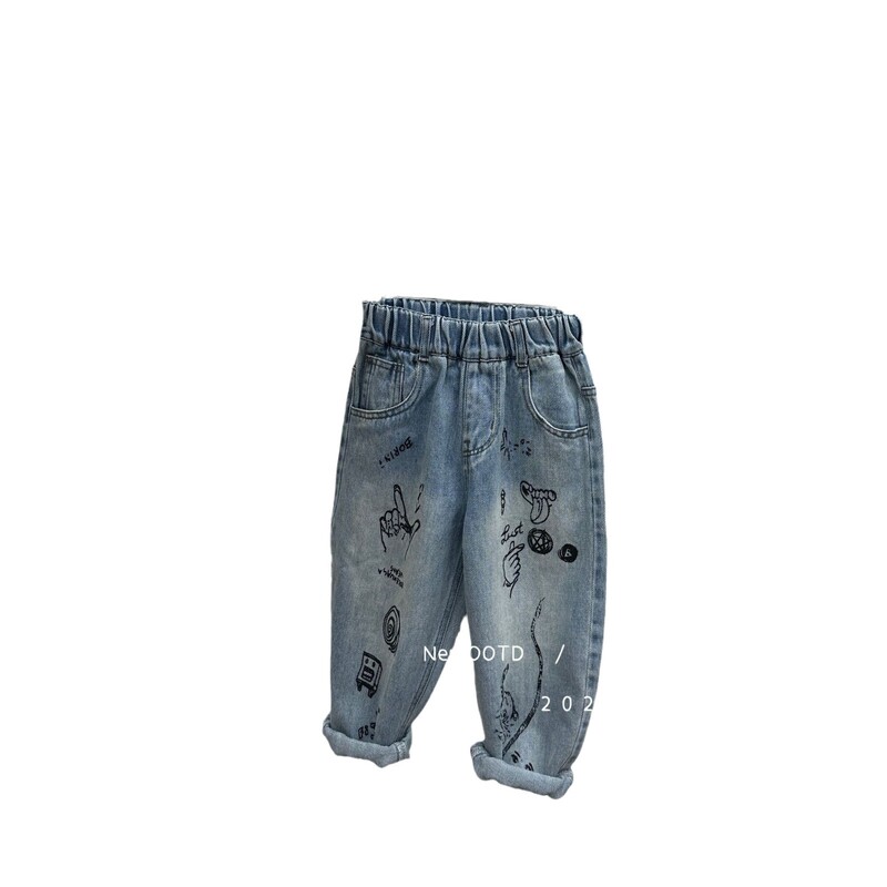 2024. aasta kevad, uued lapsed poistele Stretch püksid Korea grafiti Noorte beebipoiste teksad püksid vabaaja elastse vöökohaga väikelaste poiste püksid