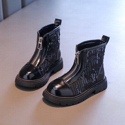 Jesenske modne kratke čizme sa šljokicama Princess Silver Bling Elegantne kratke čizme Dječje modne visoke čizme s prednjim patentnim zatvaračem