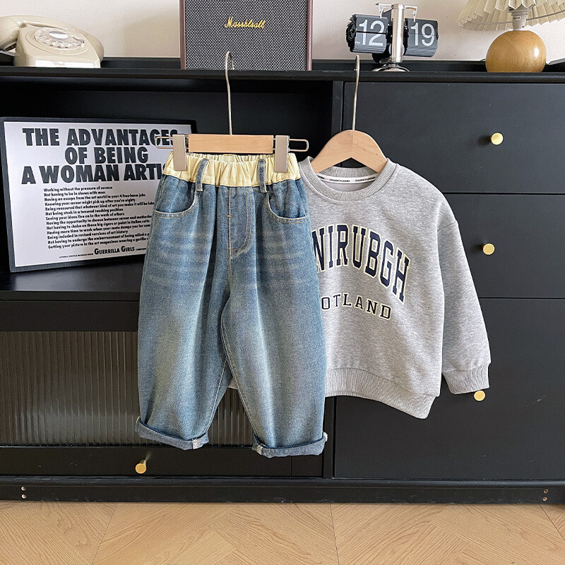 Pantaloni din denim de primăvară coreeni pentru băieți, din bumbac, cu îmbinare, pantaloni de epocă pentru bebeluși, ocazional, versatili, pantaloni drepti pentru băieți.