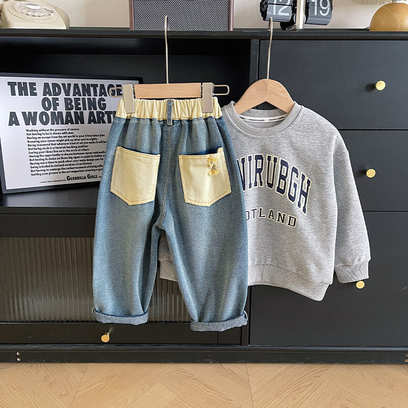 Pantaloni din denim de primăvară coreeni pentru băieți, din bumbac, cu îmbinare, pantaloni de epocă pentru bebeluși, ocazional, versatili, pantaloni drepti pentru băieți.