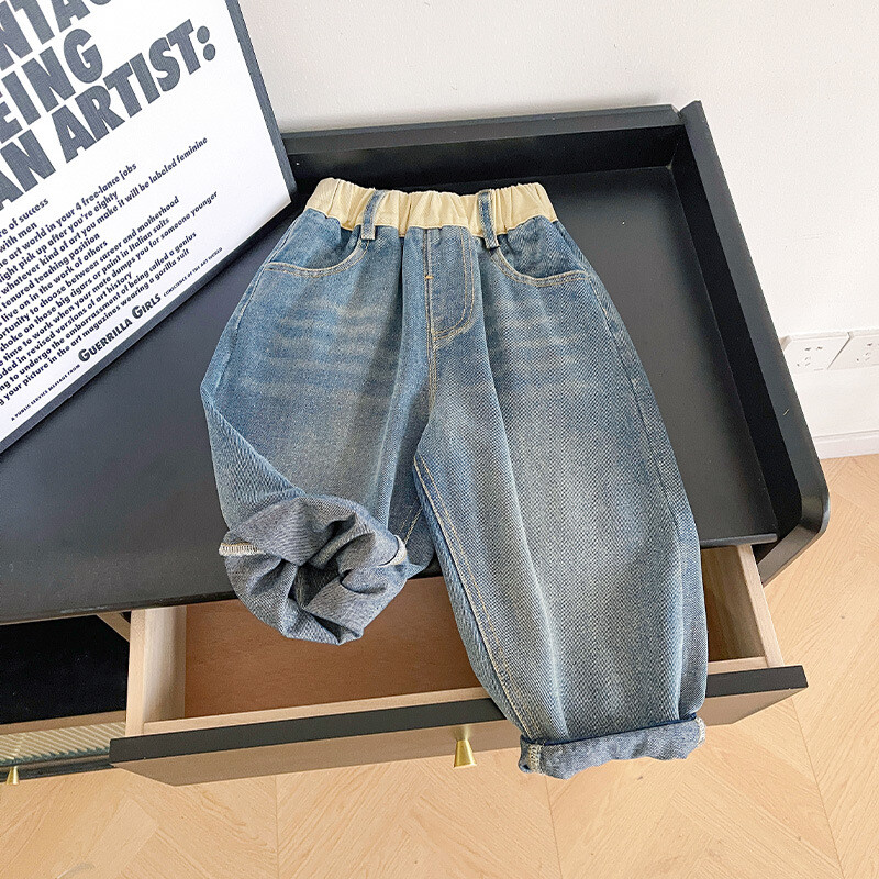 Pantaloni din denim de primăvară coreeni pentru băieți, din bumbac, cu îmbinare, pantaloni de epocă pentru bebeluși, ocazional, versatili, pantaloni drepti pentru băieți.