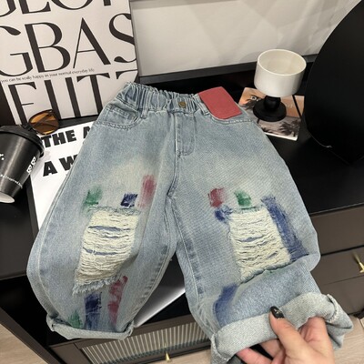 Coreeană de primăvară pentru copii băieți pantaloni din denim 2024 cu găuri în genunchi, pantaloni de blugi pentru băieți, pantaloni drepți cu talie elastică, în contrast