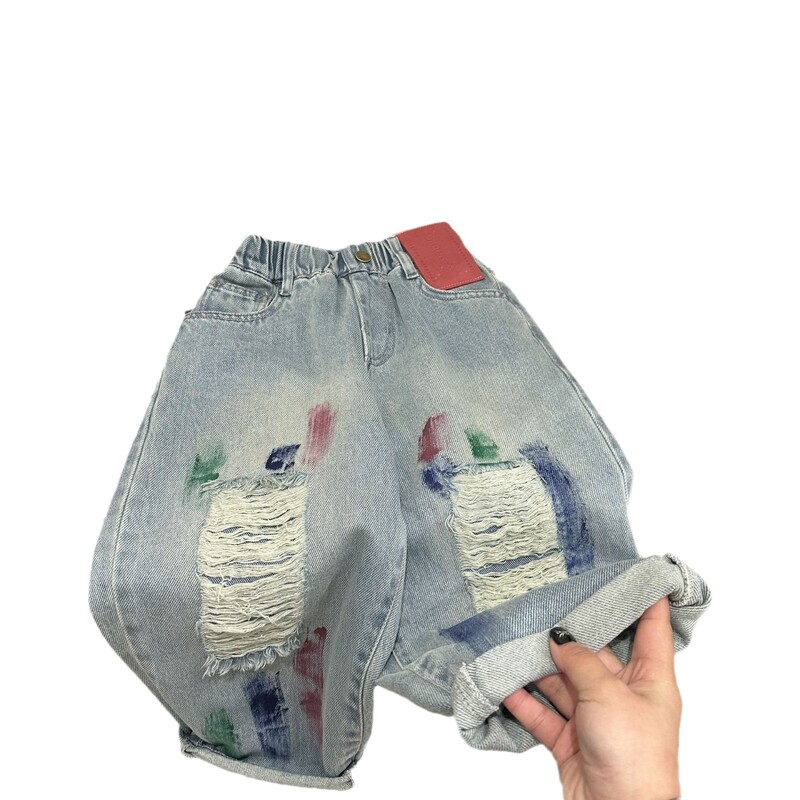 Korejske proljetne dječje traper hlače za dječake 2024. Traperice s rupama na koljenima za mlade dječake Traperice s elastičnim strukom Kontrastne ravne hlače za malu djecu