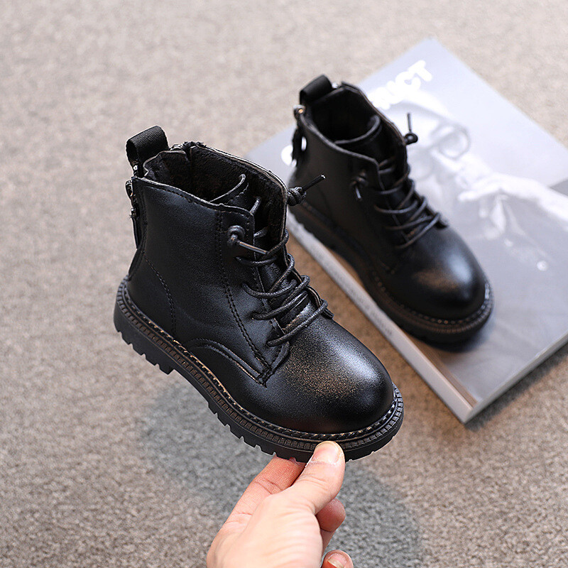 Детски глезени Есенни зимни кожени ботуши Маратонки за момичета Плюшени модни училищни обувки 2022 Спортни ботуши Черни 3 8 12 години