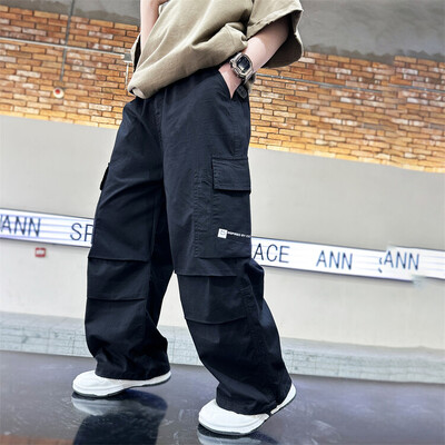 Copii Băieți Pantaloni casual largi de vară Pantaloni cargo uni cu buzunar Îmbrăcăminte pentru copii Fanshion Pantaloni drepti respirabili cu picioare largi 6-15 ani