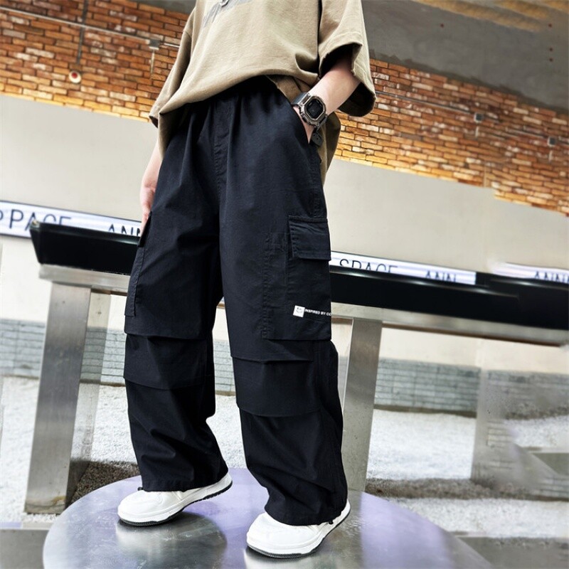 Copii Băieți Pantaloni casual largi de vară Pantaloni cargo uni cu buzunar Îmbrăcăminte pentru copii Fanshion Pantaloni drepti respirabili cu picioare largi 6-15 ani