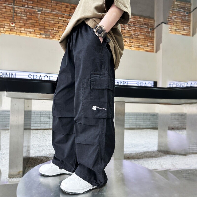 Copii Băieți Pantaloni casual largi de vară Pantaloni cargo uni cu buzunar Îmbrăcăminte pentru copii Fanshion Pantaloni drepti respirabili cu picioare largi 6-15 ani