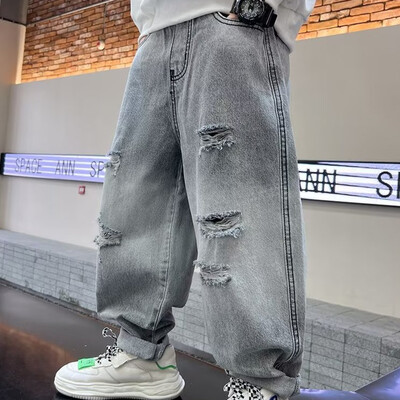 Детски есенни панталони, окъсани дънки за момчета, пролетни и есенни дълги панталони, есенен нов западен стил Експлозивна улична тенденция