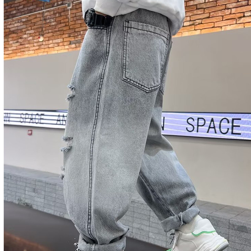 Детски есенни панталони, окъсани дънки за момчета, пролетни и есенни дълги панталони, есенен нов западен стил Експлозивна улична тенденция