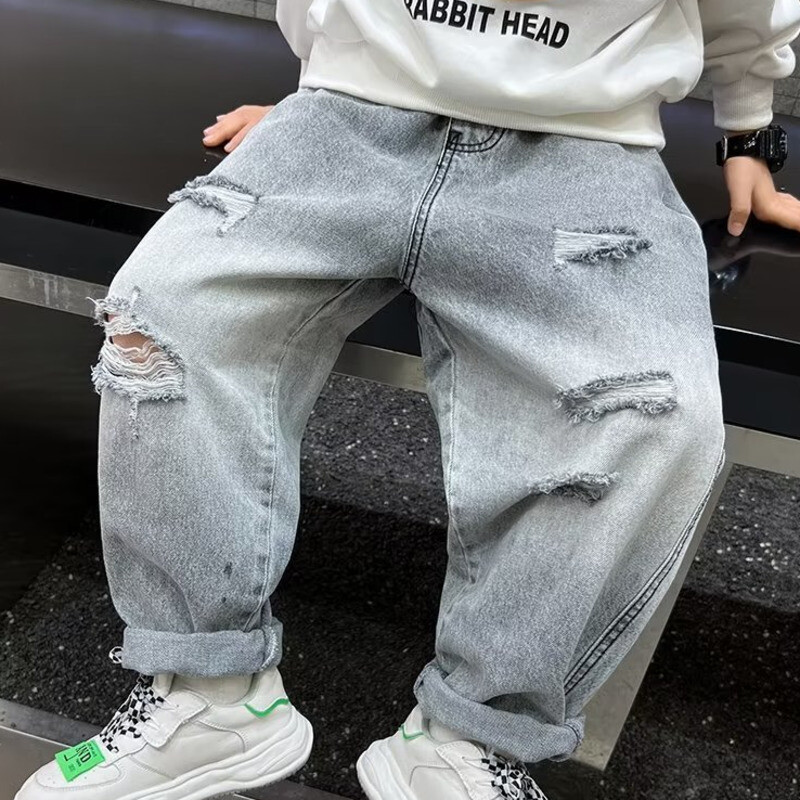 Детски есенни панталони, окъсани дънки за момчета, пролетни и есенни дълги панталони, есенен нов западен стил Експлозивна улична тенденция