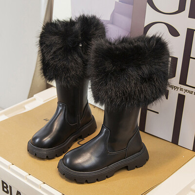 Talvine sügisprintsess Pikad saapad Tüdrukutele Mood Ümar karusnahast Disain Saapad Lapsed Soojad Puuvillased Kingad Laste Selg Lukk Sügissaapad