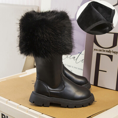 Talvine sügisprintsess Pikad saapad Tüdrukutele Mood Ümar karusnahast Disain Saapad Lapsed Soojad Puuvillased Kingad Laste Selg Lukk Sügissaapad