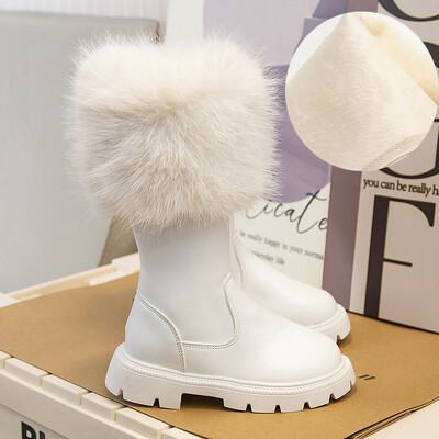 Talvine sügisprintsess Pikad saapad Tüdrukutele Mood Ümar karusnahast Disain Saapad Lapsed Soojad Puuvillased Kingad Laste Selg Lukk Sügissaapad