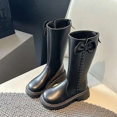 Παιδικές μπότες πριγκίπισσας με φερμουάρ στην πλάτη Κοριτσίστικες ψηλές μπότες με γλυκό φιόγκο 2024 Νέα μόδα ζεστές μακριές μπότες για παιδιά σε χρώμα