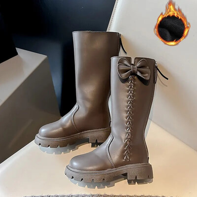 Παιδικές μπότες πριγκίπισσας με φερμουάρ στην πλάτη Κοριτσίστικες ψηλές μπότες με γλυκό φιόγκο 2024 Νέα μόδα ζεστές μακριές μπότες για παιδιά σε χρώμα