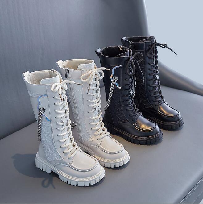 Детски високи модни ботуши Есен Зима Детски дълги спортни обувки на принцеса Момичета Топла кожа Снежни кожени ботуши Размер 27-36 Маратонки