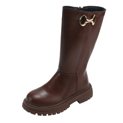 Κοριτσίστικες μακριές μπότες Μαύρες Παιδικές δερμάτινες ψηλές μπότες 2024 Φθινοπωρινή χειμερινή μόδα Ζεστή γούνα Παιδικές μπότες μοτοσικλέτας Κλασικές