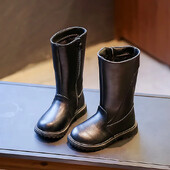 Tüdrukute kõrged saapad, mustad PU-nahast laste pikad saapad 2024. aasta sügistalvine mood soe karusnahk Lastele mootorrattasaapad Lihtne klassikaline