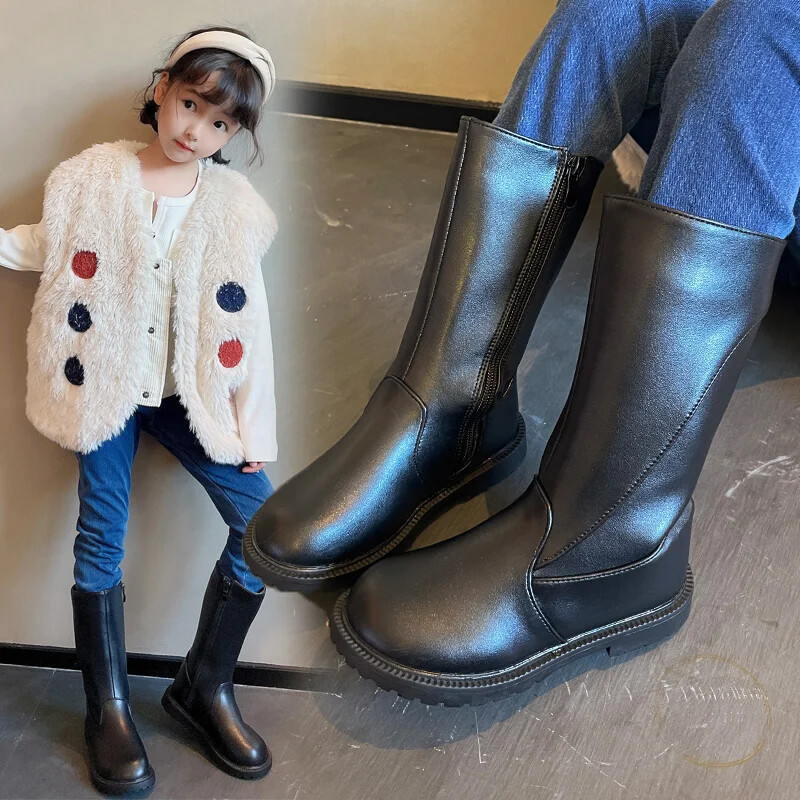 Tüdrukute kõrged saapad, mustad PU-nahast laste pikad saapad 2024. aasta sügistalvine mood soe karusnahk Lastele mootorrattasaapad Lihtne klassikaline