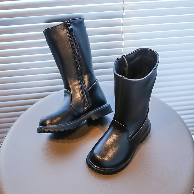 Tüdrukute kõrged saapad, mustad PU-nahast laste pikad saapad 2024. aasta sügistalvine mood soe karusnahk Lastele mootorrattasaapad Lihtne klassikaline