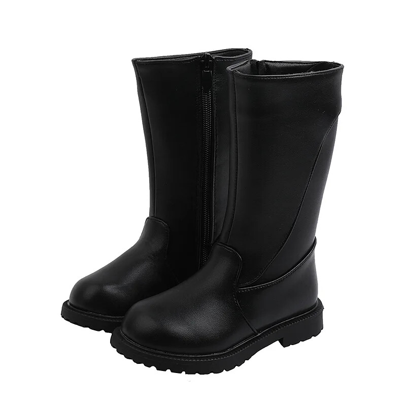 Tüdrukute kõrged saapad, mustad PU-nahast laste pikad saapad 2024. aasta sügistalvine mood soe karusnahk Lastele mootorrattasaapad Lihtne klassikaline