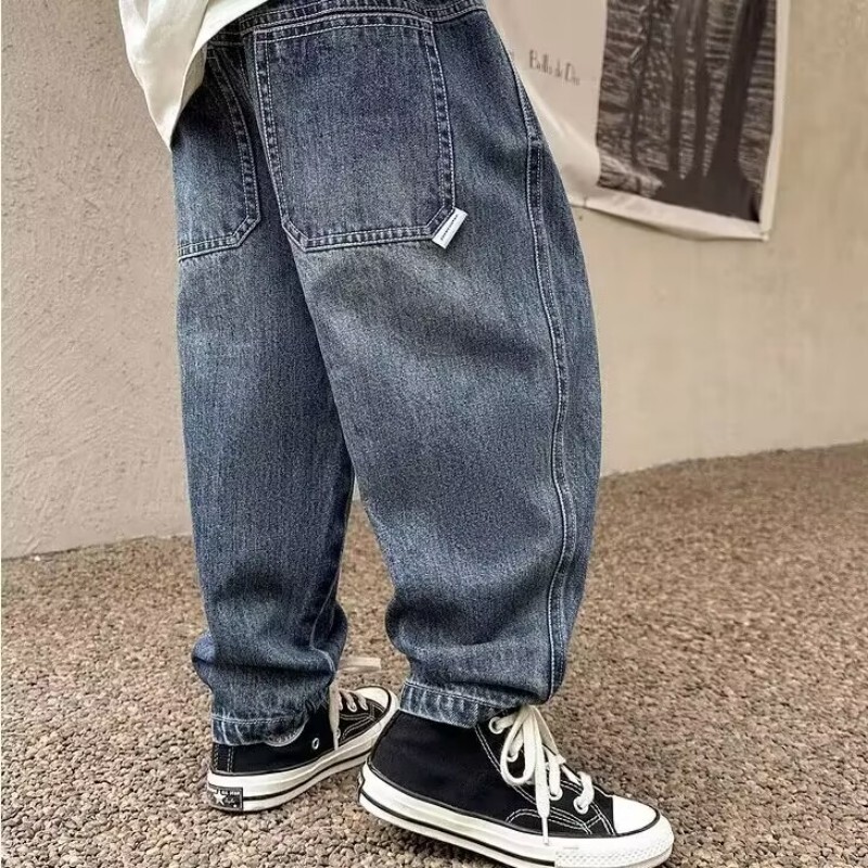 Pantaloni denim pentru copii, primăvară, toamnă, blugi cargo la modă, băieți, stil coreean, ocazional, frumoși, pantaloni cu buzunar pe lungime