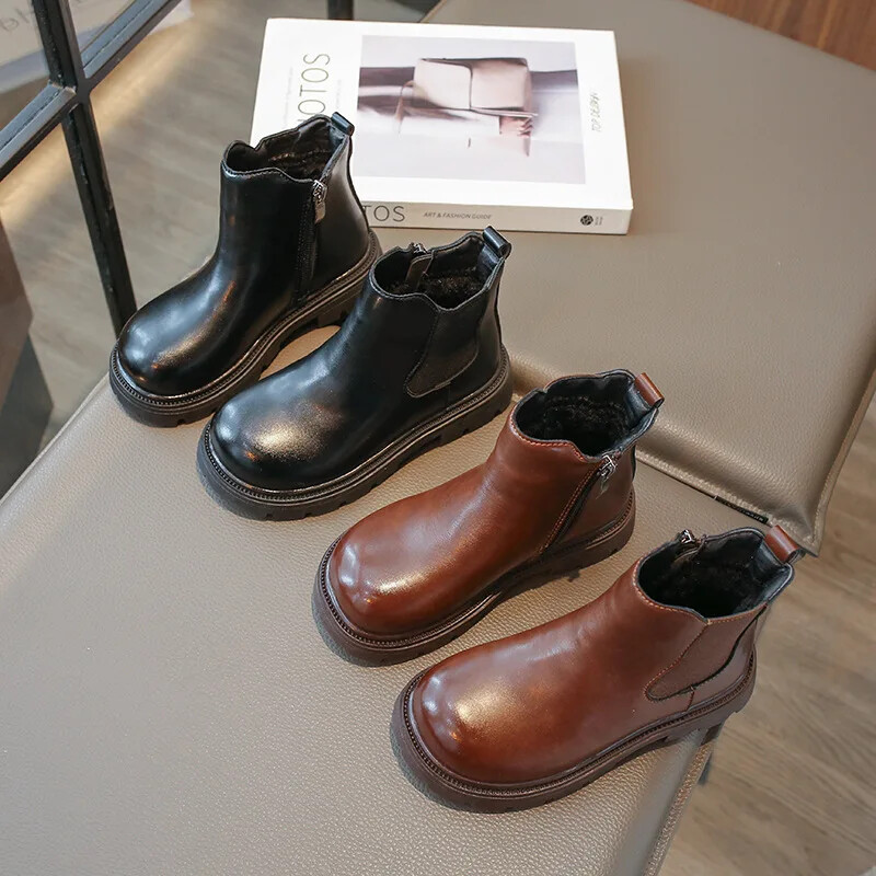 Tüdrukute saapad Briti stiilis laste talvesaapad Moodsad ühevärvilised mitmekülgsed pehmed laste puuvillased pahkluu saapad poistele libisemiskindlad