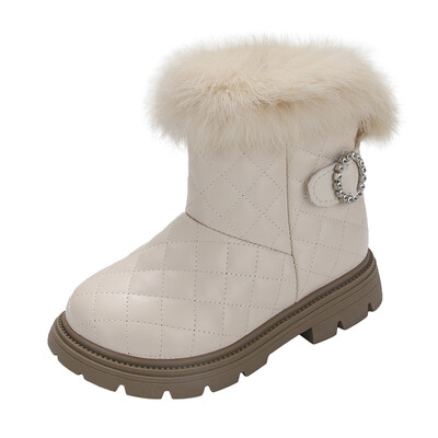 Cizme de modă pentru copii, groasă, caldă, blană de pluș, culoare uni, iarnă pentru fete, cizme scurte, cusut, drăguț, stil britanic, cizme de zăpadă pentru copii