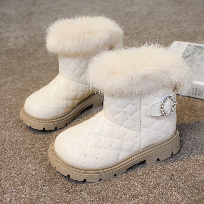 Cizme de modă pentru copii, groasă, caldă, blană de pluș, culoare uni, iarnă pentru fete, cizme scurte, cusut, drăguț, stil britanic, cizme de zăpadă pentru copii