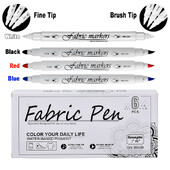 Set de 6 bucăți pix marker textil, textil lavabil, vârf dublu, alb, culoare neagră, pentru tricou, pantofi, haine, artă, graffiti, desen, pictură