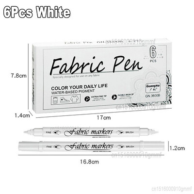 Set de 6 bucăți pix marker textil, textil lavabil, vârf dublu, alb, culoare neagră, pentru tricou, pantofi, haine, artă, graffiti, desen, pictură