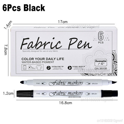 Set de 6 bucăți pix marker textil, textil lavabil, vârf dublu, alb, culoare neagră, pentru tricou, pantofi, haine, artă, graffiti, desen, pictură