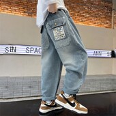 Băieți de primăvară și toamnă, blugi de culoare uni, largi, drepte, desene animate, patchwork, buzunar, pantaloni din denim, adolescenți, modă, pantaloni casual 6-15