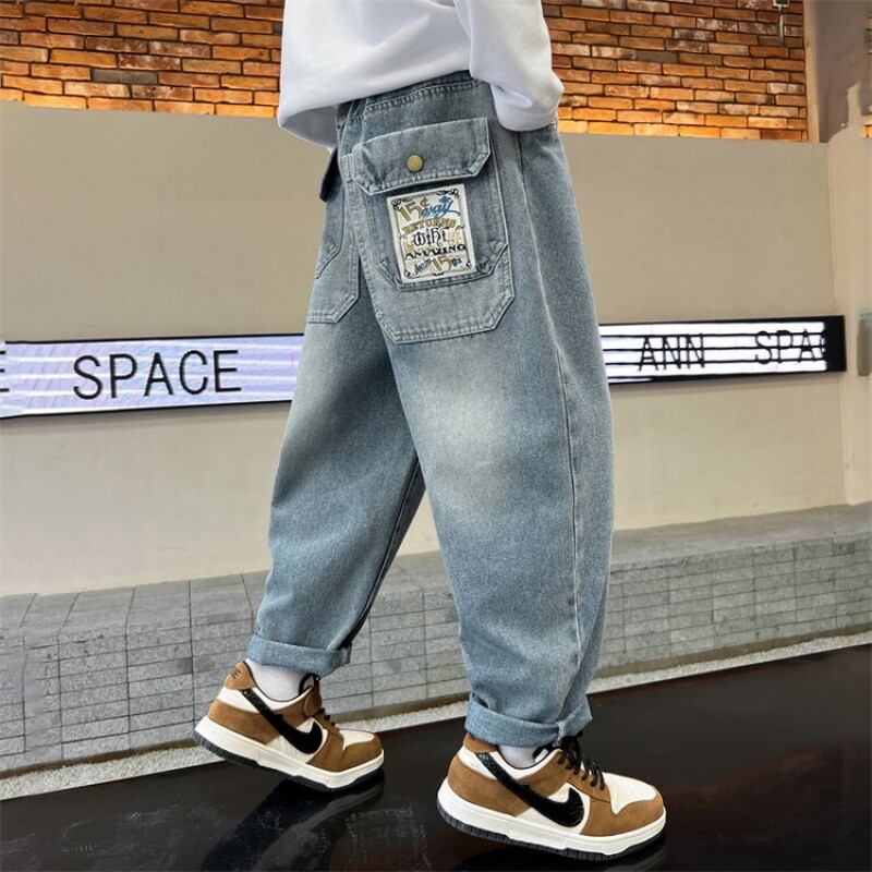 Băieți de primăvară și toamnă, blugi de culoare uni, largi, drepte, desene animate, patchwork, buzunar, pantaloni din denim, adolescenți, modă, pantaloni casual 6-15