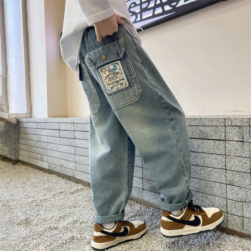 Băieți de primăvară și toamnă, blugi de culoare uni, largi, drepte, desene animate, patchwork, buzunar, pantaloni din denim, adolescenți, modă, pantaloni casual 6-15