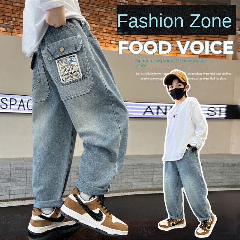 Băieți de primăvară și toamnă, blugi de culoare uni, largi, drepte, desene animate, patchwork, buzunar, pantaloni din denim, adolescenți, modă, pantaloni casual 6-15