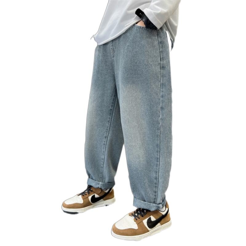 Băieți de primăvară și toamnă, blugi de culoare uni, largi, drepte, desene animate, patchwork, buzunar, pantaloni din denim, adolescenți, modă, pantaloni casual 6-15