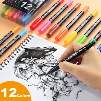 Deli 12 Color Markers Σετ στυλό 0,5mm 1,0mm Dual Fine Tip Art Graffiti Markers for Kids Adult Coloring Book Art Screen Supplies