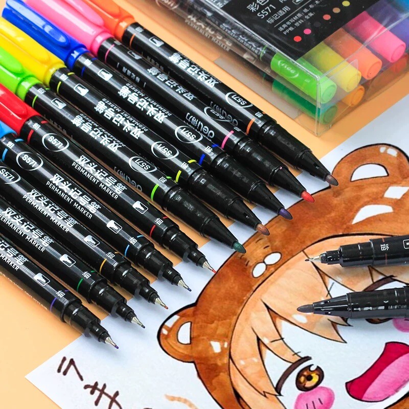 Deli 12 värvi markeri pliiatsikomplekt 0,5 mm 1,0 mm kahe peene otsaga grafiti markerid lastele täiskasvanutele mõeldud värvimisraamatute joonistustarbed
