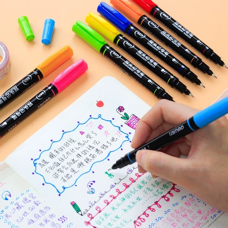 Deli 12 värvi markeri pliiatsikomplekt 0,5 mm 1,0 mm kahe peene otsaga grafiti markerid lastele täiskasvanutele mõeldud värvimisraamatute joonistustarbed