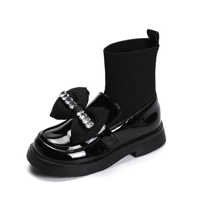 Cizme cu șosete pentru fete Cizme din piele cu strasuri pentru copii cu nod cu fundă Moda copii prințesă pantofi negri lucioase 2023 Nou
