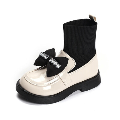 Cizme cu șosete pentru fete Cizme din piele cu strasuri pentru copii cu nod cu fundă Moda copii prințesă pantofi negri lucioase 2023 Nou