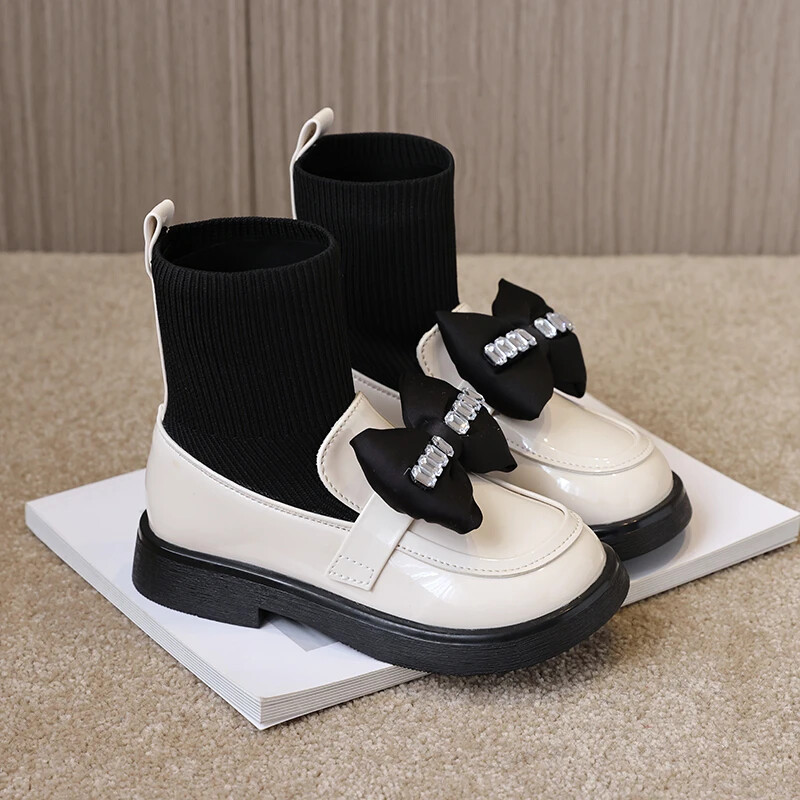 Cizme cu șosete pentru fete Cizme din piele cu strasuri pentru copii cu nod cu fundă Moda copii prințesă pantofi negri lucioase 2023 Nou